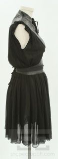 Louis de Gama Black Sheer Silk & Black Leather Trim Sleeveless Dress