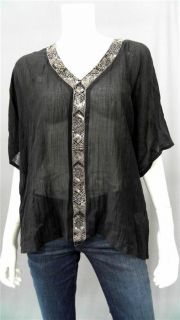 Love Sam Misses XS Cotton Blouse Top Black Beaded Short Sleeve Shirt