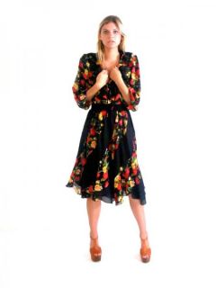 Vtg 80s Plunging V Flowey Floral Hippie Gypsy Fishtail Mini Dress