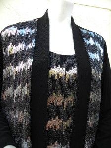 Chicos Amazing Black Slinky Cardigan Tank Twinset Embroidered Silver