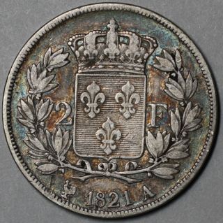 1821 A Louis XVIII France 2 Francs 90 Silver Coin Only 139K Made