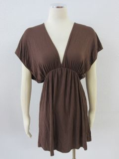 Chocolate Brown Cinched Waist Dolman Sleeves Low Cut Dress S