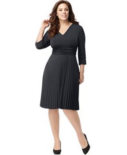 NY Collection Plus Size Dress, Three Quarter Sleeve Ruched Pleated