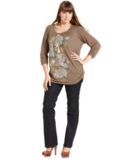 Style&co. Plus Size Three Quarter Sleeve Printed Ruched & Straight Leg