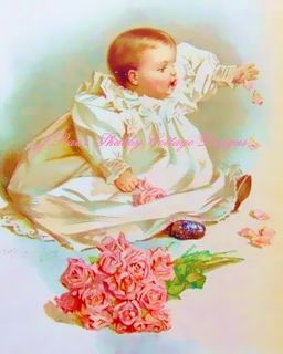 Maud Humphrey Baby w Pink Roses Fabric Block 5x7