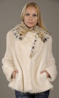 Golden Pearl  natural color  Mink Fur Jacket coat with Lynx collar