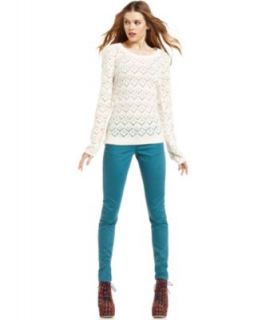 American Rag Long Sleeve Pointelle Knit Sweater & Skinny Colored Wash