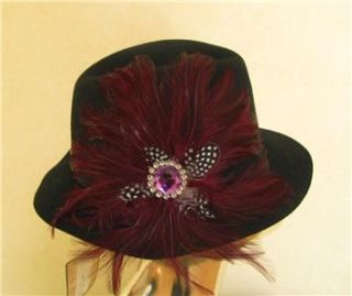 Nwt Magid Black Wool Felt Fedora Hat w Band and Feather & Jewel Stone