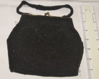 Antique Black Beaded Evening Bag Clutch Purse Rhinestone Clasps