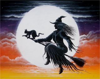 Folk Art Halloween Witch Cat Flying Across Full Moon Byrum Print