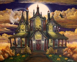 Halloween Art Haunted House Manor Ghosts Witches Skeleton Cats Byrum