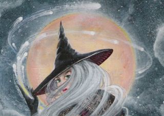 Folk Art Halloween Beautiful Swirling Witch Fantasy Conjuring Print