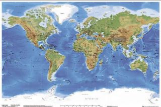World Map Satellite Physical Wall Chart Poster 228