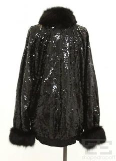  Black Sequin Fox Fur Zip Front Jacket Size s 6 8
