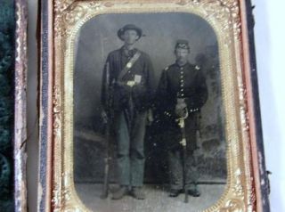 Tintype Civil War 2 Soldiers 1 Officer in Uniform Armed