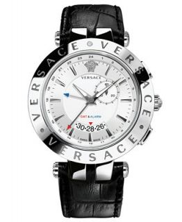 Versace Watch, Mens Unisex V Race GMT Black Calfskin Leather Strap