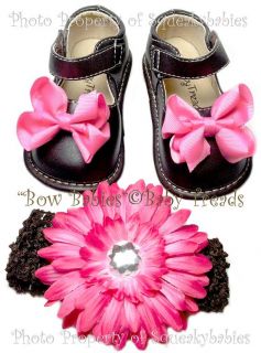 deep brown aab mary jane squeaky shoes with hot pink bows and matching