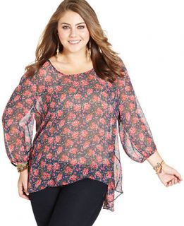 Soprano Plus Size Top, Three Quarter Sleeve Floral Print   Plus Size