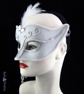 White Silver Masquerade Mask Feathers Beads