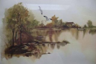 Framed Water Landscape Watercolor Print Signed F Massa