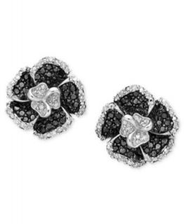 Diamond Earrings, Sterling Silver Black and White Diamond Flower (1/2