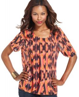 W118 by Walter Baker Top, Short Sleeve Printed Pleated Blouse