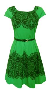 Green Black Lace Print 50s Style Day Dress Trista Size 12 New