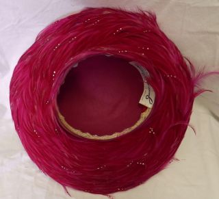 Vintage Jack McConnell NY Red Magenta Pink Feather Rhinestone Church