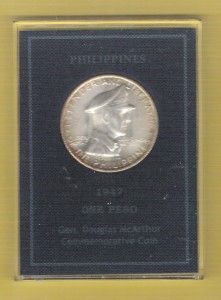 Philippines 1947 One Peso General McArthur Commemorative Coin with