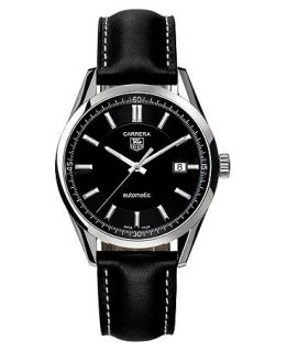 TAG Heuer Watch, Mens Swiss Automatic Carrera Black Leather Strap