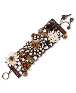Betsey Johnson Bracelet, Brown Tone Flower Multi Charm Wide Toggle