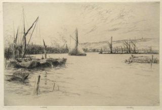 Original Pencil Signed Etching The Medway 1929 RARE Trial Proof