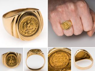 Mens Mexican Coin Ring 1945 Dos Pesos Solid 18K Gold Fine Estate