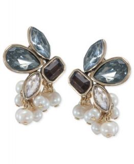 Carolee Earrings, Gold Tone Glass Pearl Epoxy Stone Cluster Button