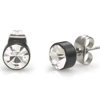 New Mens Stud Earrings Stainless Steel CZ Cubic Zirconium Black Silver