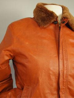 Vtg 70s Burnt Orange Rust Leather Bomber Jacket Aviator Coat Spy