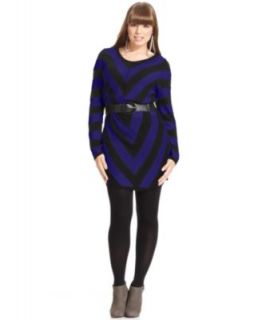 Belle Du Jour Plus Size Dress, Long Sleeve Striped Belted Sweater