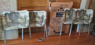 RETRO UNUSED NOS METAL TV TRAYS~TABLE STAND SET~COUNTRY SCENE~BOX~KING