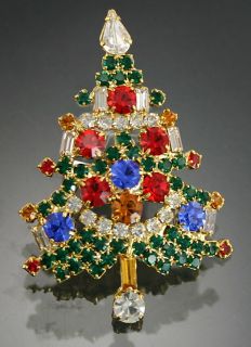 Vintage Christmas Tree Rhinestone Candle Pin Big 2 5 Signed