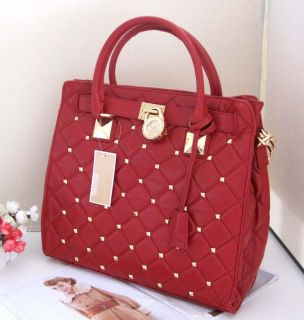 Michael Kors Hamilton Stud Quilt Large Tote Handbag Satchel Red