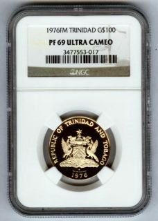1976 FM Gold Trinidad Tobago $100 Birds Coin NGC Proof 69 Ultra Cameo