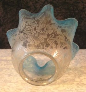 Antique Victorian Miniature Etched Blue Clear Glass Oil Lamp Shade
