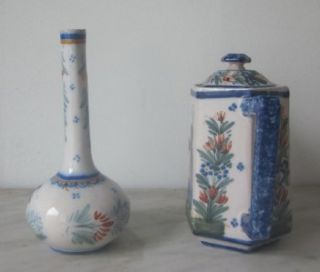 Old Antique Henriot Quimper Teapot Coffee Pot and Bud Vase Both Signed