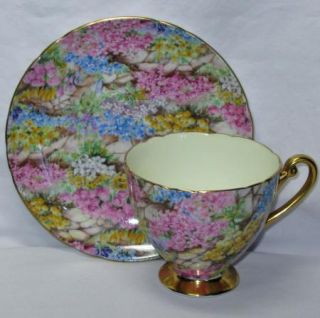 Vintage Shelley China Rock Garden Chintz Cup Saucer Gold Accents Great