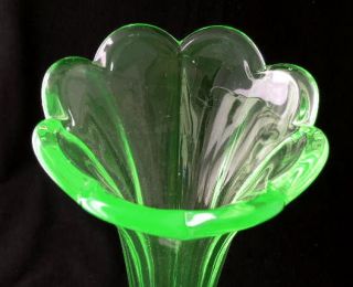 Vaseline Green Paneled Vases 15H Pair EAPG