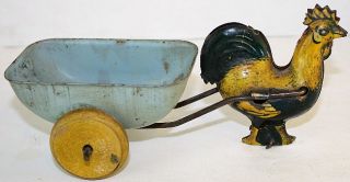 Vintage Rooster Pulling Cart Tin Litho Toy Made in USA