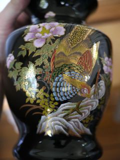 Vintage Japanese Chinese Asian Black Gold Pheasant Floral Porcelain