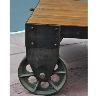 Teak Wood Iron Metal Industrial Cart on Wheels Coffee Table