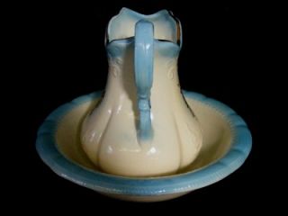 Decorative Basin Washstand Blue Rim Brown Flowers Pottery Pitcher Bowl
