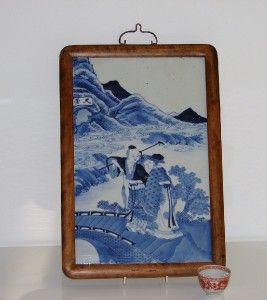 Antique Chinese Porcelain Blue and White Plaque Figures 19th C Signed